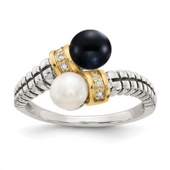 Cultured Pearl & .03ct. Diamond Ring in Sterling Silver with 14karat