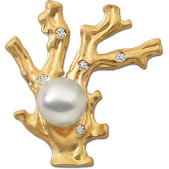 Solid Gold Pearl and Diamonds Brooch