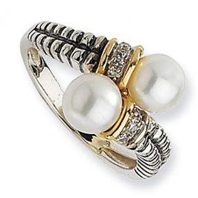 Cultured Pearl & .03ct. Diamond Ring in Sterling Silver with 14karat